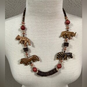 Vintage Hand carved African Safari Animal Bead Necklace - Brown and Red
